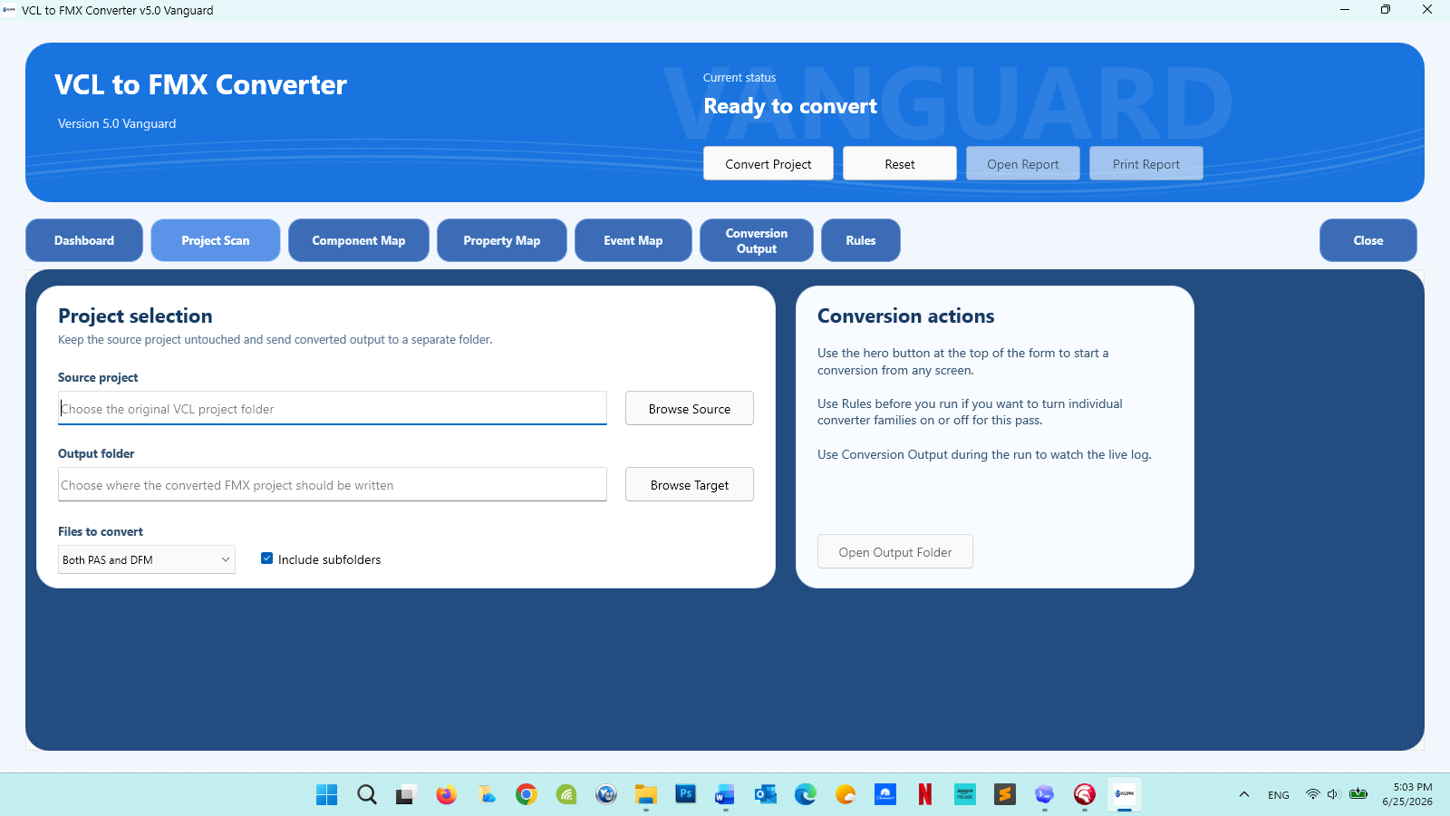 VCL2FMXConverter v5.0 Vanguard Project Scan screen